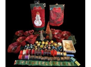 Large Lot Of Christmas Items: Decorative Angel New In Box, Ribbons, Brand New Vintage Christmas Tree Skirts#16