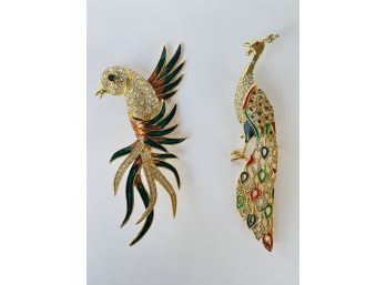 Lot Of 2 Elegant Large Clear Crystals And Enamel Bird Brooches #29