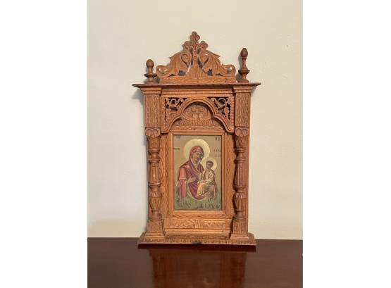 Russian Antique Hand Carved Icon Stand Frame 18 X 10.5 With Greek Icon Of Virgin Mary And The Baby Jesus #172
