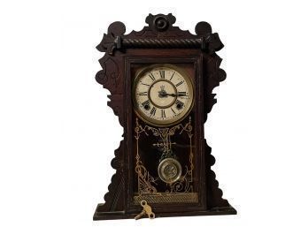 Antique Victorian Waterbuty Walnut Clock With Key, Original Glass And Pendulum  Tested And Works #104