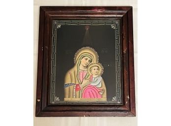 19.5X23.5 Unique Antique Framed Greek Icon Of Mary And Jesus Silk Embroydery #4