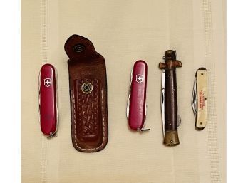 Lot Of 2 Victorinox Swiss Army Pocket Knives, Leather Case And 2 Vintage Pocket Knives #49