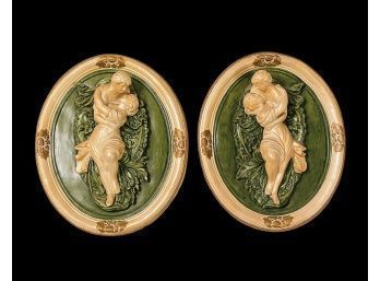 Pair Of Vintage Neoclassical Lovers Cameo Chalkware Wall Hanging 16.5 X 13 #75