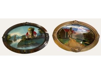 22.5X16.5 Lot Of 2 Reverse Paintings On Glass In Oval Vintage Frames #16