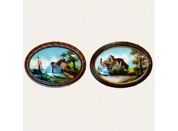 22.5X16.5 Lot Of 2 Reverse Paintings On Glass In Oval Vintage Frames #14