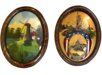 22.5X16.5 Lot Of 2 Reverse Paintings On Glass In Oval Vintage Frames #15