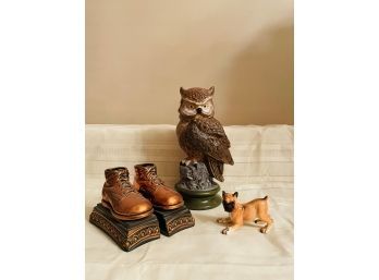 Vintage Shoe Perma Plated Product Book Ends, Ceramic Boxer Dog And Vintage Hand Painted Ceramic Owl  #214