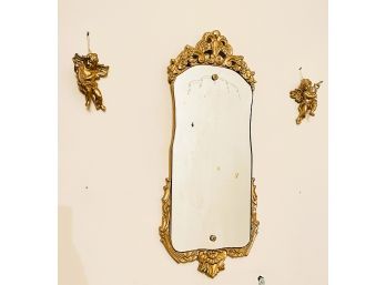 Chic Vintage Italian Mirror 29.5 X 13.5  And Pair Of Gold Wall Hanging Cherubs (plastic)  #42
