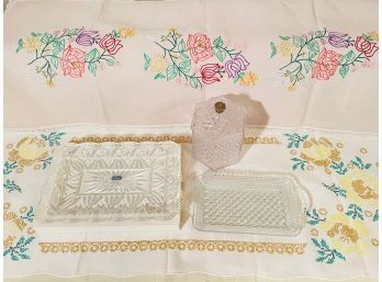 Lot Of Vintage Crystal Trays And Ice Bucket With The Lid And 2 Vintage Hand Embroidered Table Runners #94