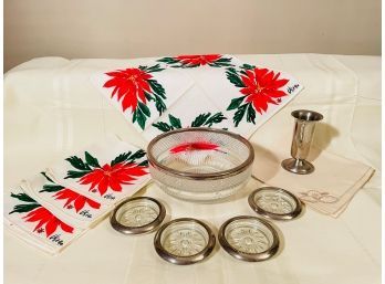 Lot Of 4 Crystal And Silver Plate Coasters Ashtrays And Silver Plate England Bowl And Vintage Napkins #95