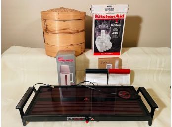 Brand New KitchenAid Chopper, Bamboo Steamer Set, Auto Coffee Maker,chef's Knives And Hot Server Never Used103