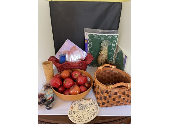Lot Includes Mixed Items There Are Beautiful Wooden Bowl, Wooden And Plastic Decorative Apples, Two Baskets ..