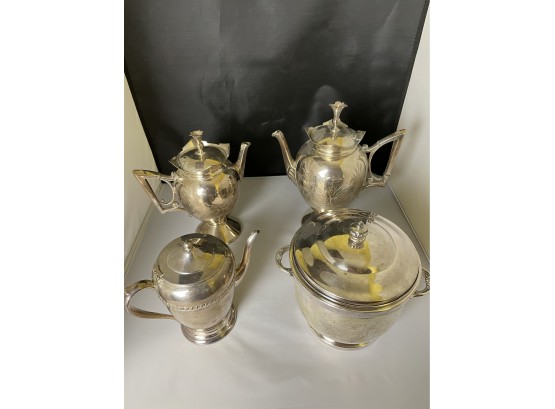 Lot Includes Two Silver Plated Tea Kettle Rogers Smith Co. One English Silver MFG Teapot And Ice Bucket
