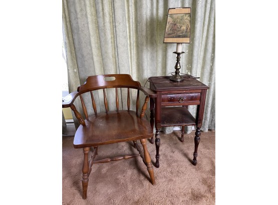 Lot Includes Vintage Captain's Chair, Antique One Drawer Stand And Antique Table Lamp W/4 Panel Printed Shade