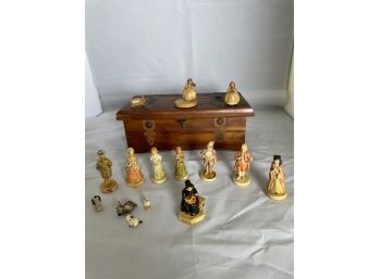 Lot Includes 8 Pieces Sebastian Miniatures Collectibles, Antique Wood Cigar Box And Other Miniature Figurines