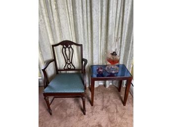 Lot Includes Antique Chair, Side Table, Antique Oil Lamp And Handmade Christmas Ornament