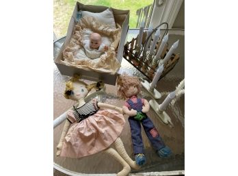 Lot Includes Antique Kiddy Joy Doll, Two Vintage Dolls, Basket And Battery Operated Window Candles Set Of 7