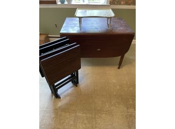 Lot Includes Antique Drop Leaf Table, Tray Table Set And A Bed Tray