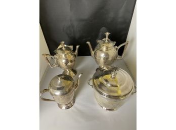 Lot Includes Two Silver Plated Tea Kettle Rogers Smith Co. One English Silver MFG Teapot And Ice Bucket