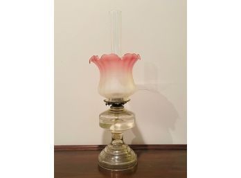 Vintage Oil Lamp With Cranberry Etched Glass Lamp Shade #7