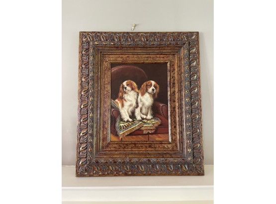Beautiful English Antique Framed Portrait Of A The Cavaliers Pets