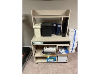 Computer Desk, Lots Of Stationary Items, Plastic Storage Boxes And Cards