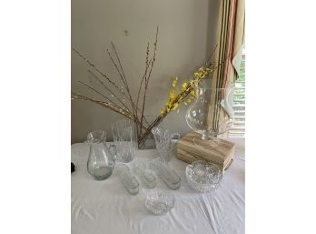 Vintage Crystal And Glass Vases And Beautiful Flowering Forsythia And Willow Branches