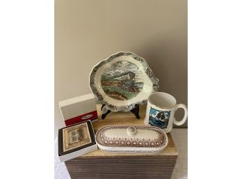 Vintage Pimpernel Coasters, American Express Train Plate, Lord Nelson Pottery Mug And Vintage Razor Box