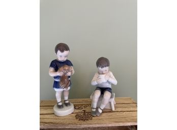 Bing & Grndahl Royal Copenhagen Figurine Victor Boy Drinking  #1713 And RC Figurine Boy With Puppy #422