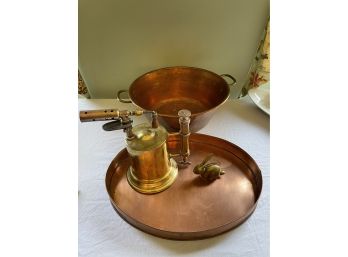 Lot Includes Vintage Heavy Copper Bowl And Tray, Antique Brass Blow Torch  And Brass Rabbit Figurine