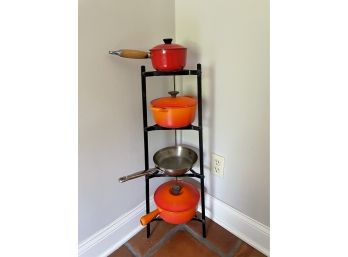 Three Le Creuset Vintage Pots, Cookware Freestanding Pot Rack And One Kitchenaid Stainless Steel Pan