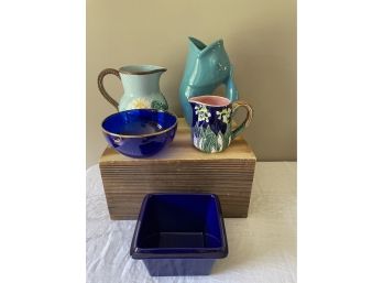 Takahashi San Francisco Signed Porcelain Pitcher, Gurglepot, Cobalt Blue Gold Rim Fruit Bowl, Ceramic Pot, Etc