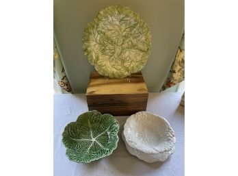 Fitz And Floyd Cabbage Serving Plate Platter, Bordallo Pinheiro Cabbage Green Bowl And Pasta Bowl And Dish