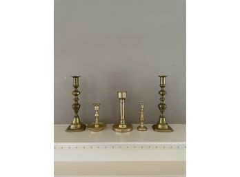 Lot Includes 5 Brass Candlesticks 3 Of Them Are Baldwin Forged Brass Candleholders