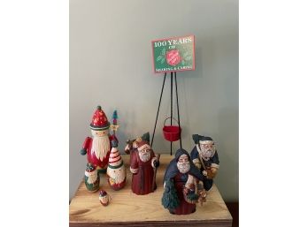 Lot Of Vintage Nesting Wooden Magician Dolls, Vintage Collectible 3 Santa Clause And Byers Choice Kettle
