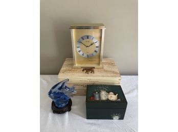 Vintage Seiko Westminster Chime Brass Mantle Desk Clock Quartz, Hand Painted Wooden Box, Glass Fish