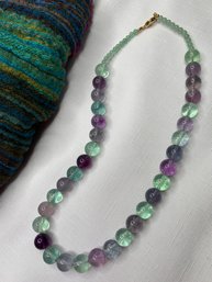Polished Green And Purple Glass/Stone Beaded Necklace Marked LS