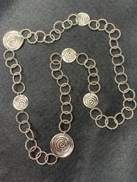 Modernist Abstract Silver Toned Necklace With Spiral Pattern And Circle Twisted Links, Not Marked