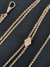 Antique Long Gold Filled Pocket -Watch Chain With Diamond-shaped Slide With Opal Seed
