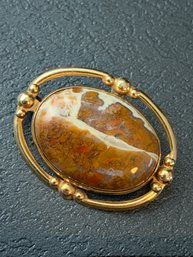 12K Gold Filled 12KGF Oval Brooch / Pin With Polished Moss Agate, Marked LSP