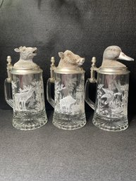 Three (3) Etched Glass And Pewter Animal Head, Tankard Stein Made In Germany