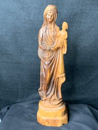 Religious Wood Sculpture - Olivewood - Virgin Mother Mary Holding Baby Jesus
