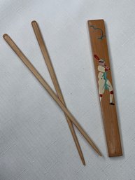 Antique Baseball Themed Chopsticks, Bamboo, Hand Painted Case