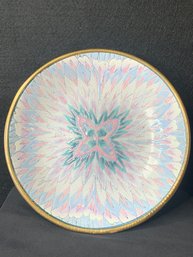 1971 Toyo Enamel Decorative Plate, Pastel Floral Geometric Pattern With Brass Bottom And Rim