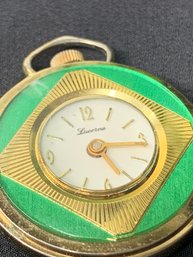 Lucerne Swiss Womens Pendant/pocket Watch, Windup, Working Condition, Green And Gold Design On Front