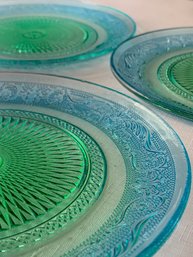Three (3) Beautiful Depression Glass Plates, Intricate Raised Pattern On Back, Blue To Green Ombre Coloring