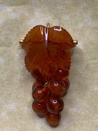 Vintage Baltic Amber Brooch, Large Grape Leaf With Bunch Of Grapes Dangling, Hallmarked
