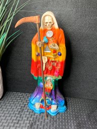 Rainbow Santa Muerte Statue With Scythe, Tetragramaton On Bottom, Weighing Scales Of Justice & Other Symbols