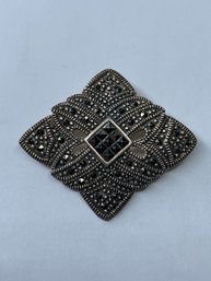 Beautiful Sterling Silver And Marcasite Pin Marked 925A, Brooch Has Cutouts Near Center, Diamond Shape