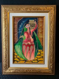 Painted Enamel Turkish (?) Wall Art, Professionally Framed, Lady Carrying Vessel